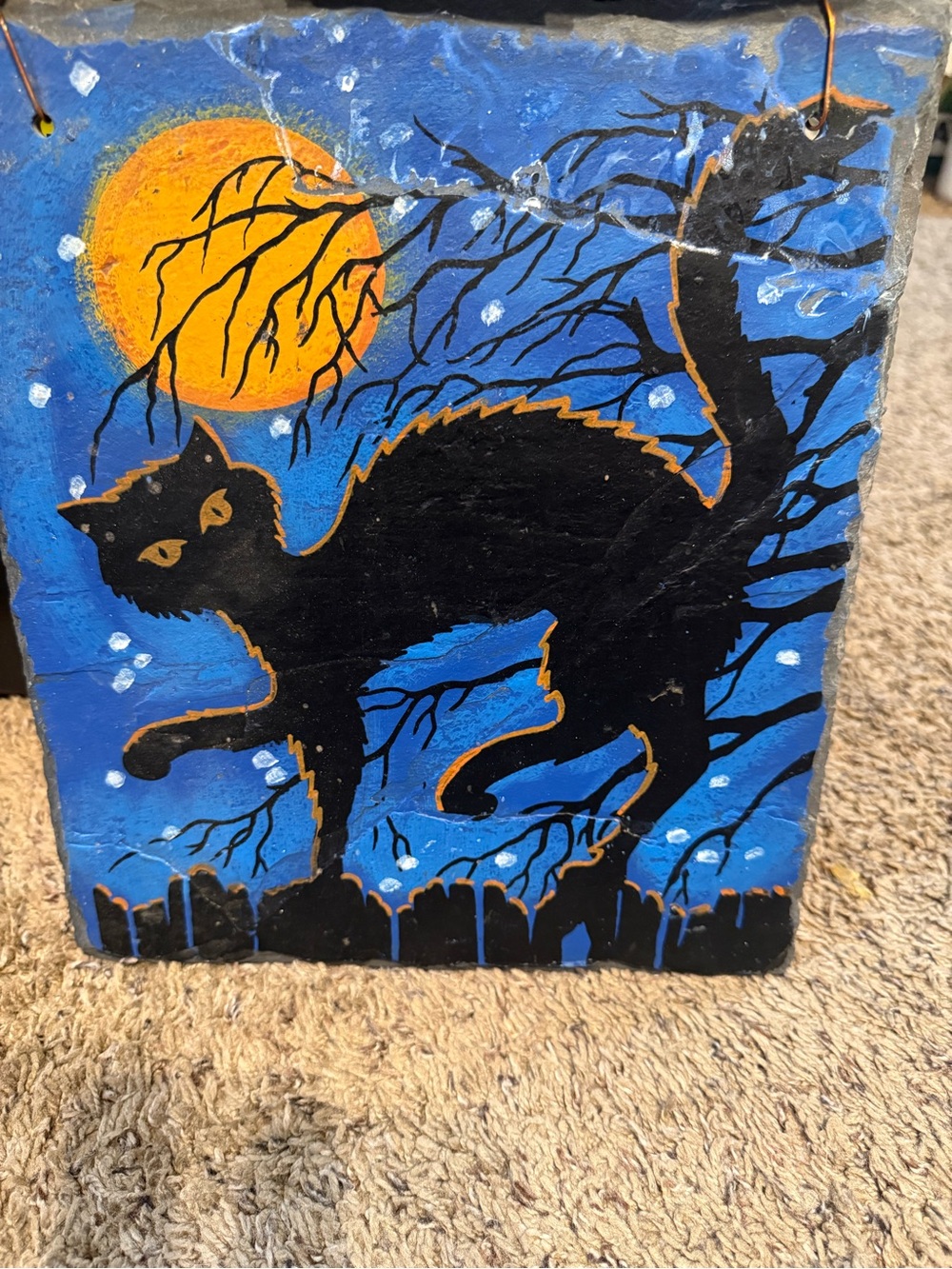 Halloween Black Cat Under Full Moon Painting On Slate 12.5x11.